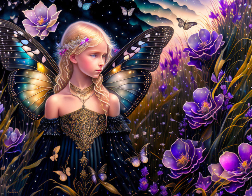 Young fairy with butterfly wings in vibrant floral scene