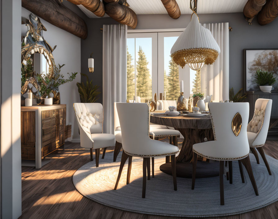 Modern Dining Room with Round Table, White Chairs, Pendant Light, and Tree Views