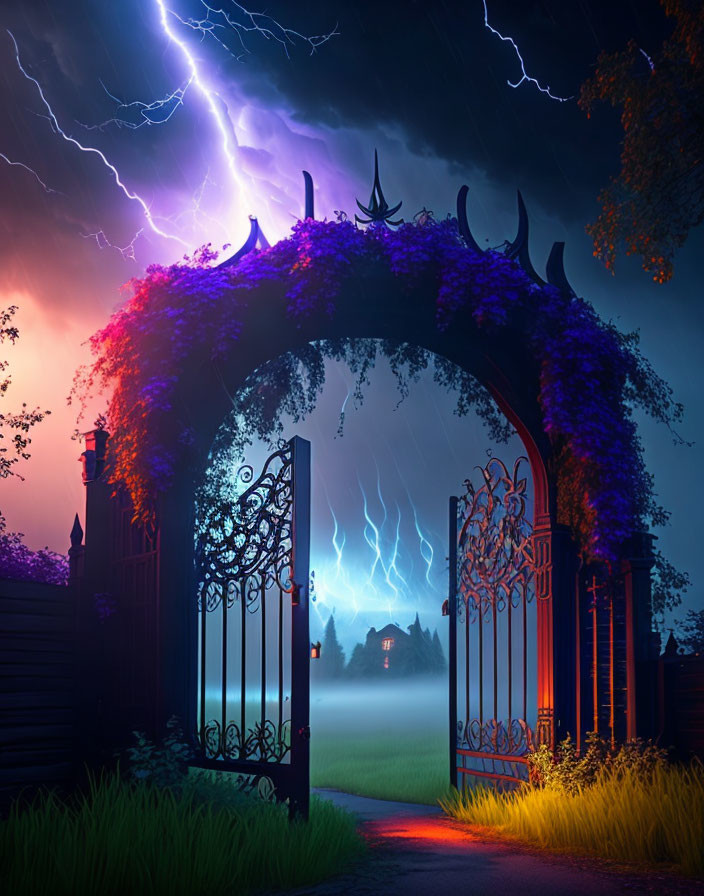 Ornate gate with glowing lights leads to house under stormy sky