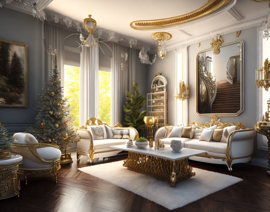 Luxurious Living Room with Christmas Tree and Elegant Decor