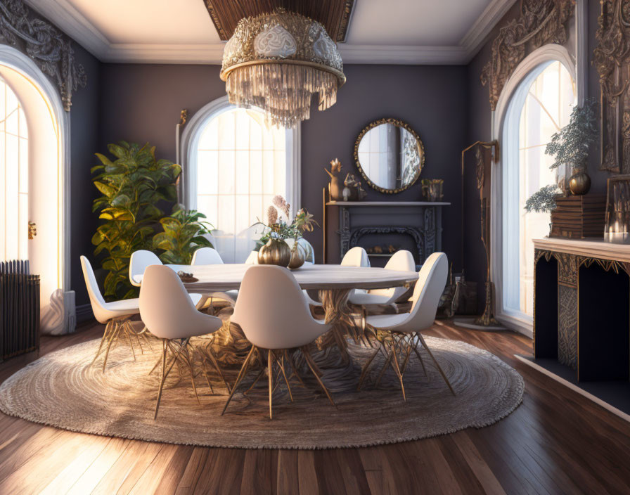 Modern dining room with white table, ornate fireplace, wood floors, and large chandelier.