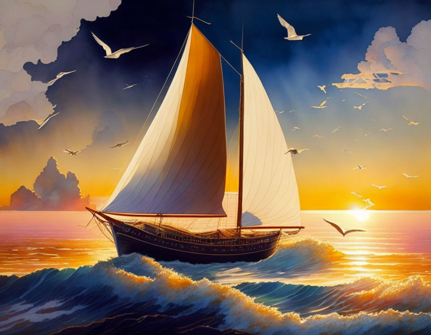 Sailing boat with white sails on waves at sunset with seagulls in orange and blue sky