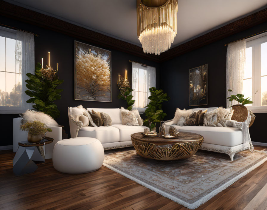 Sophisticated living room with white L-shaped sofa, golden chandelier, round coffee table, art