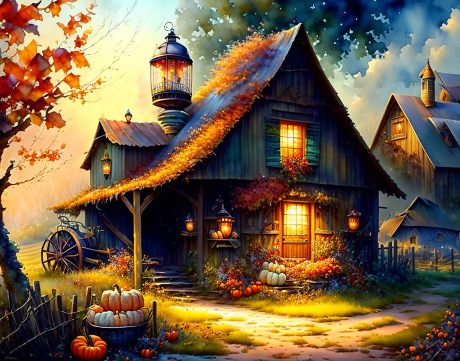 Thatched roof cottage in autumn setting with pumpkins and lantern