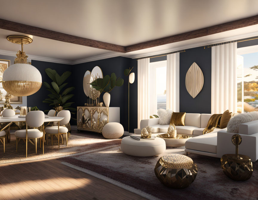 Sophisticated living room with deep blue walls, white furniture, gold accents, and large windows.