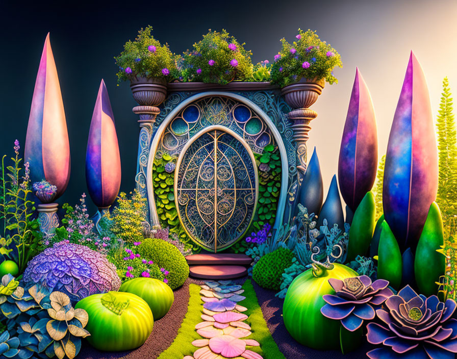 Colorful Fantasy Garden with Round Door & Gem-like Elements