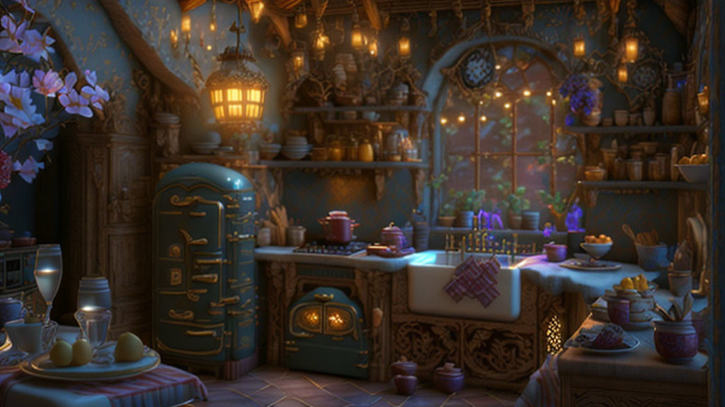 Dimly-lit fantasy kitchen with ornate details and magical items