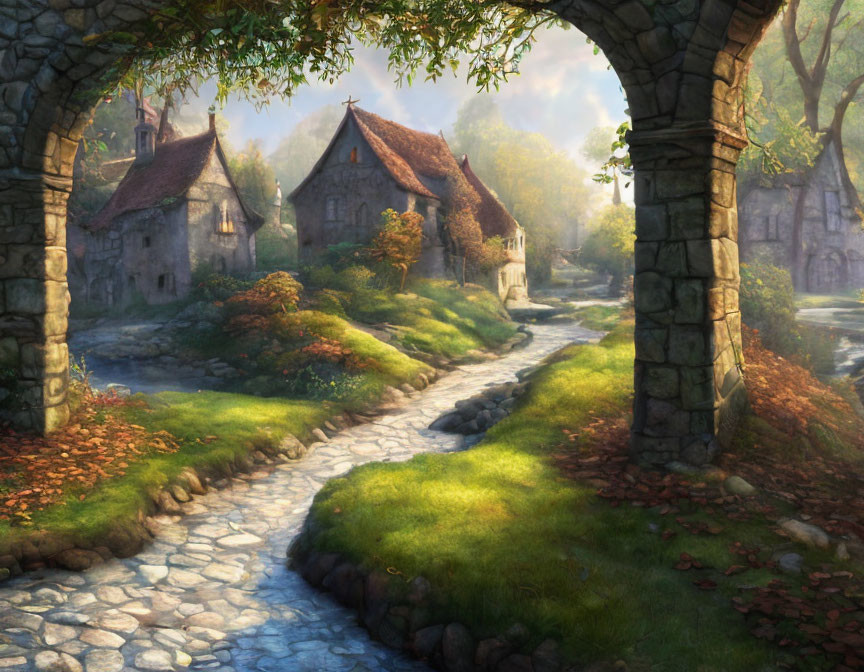 Tranquil village scene: stone houses, cobblestone path, lush greenery, archways