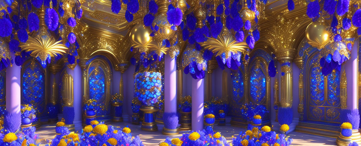 Luxurious Hall with Golden Columns, Blue Lighting, and Vibrant Flowers