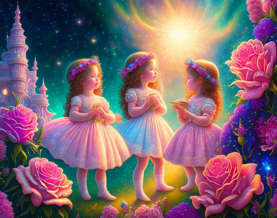 Three young girls in floral crowns with stars and roses in fairy-tale setting.