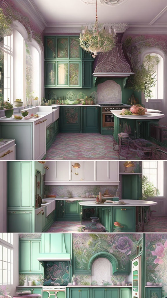 Vintage-Style Kitchen with Pastel Green Cabinetry & Floral Wallpaper