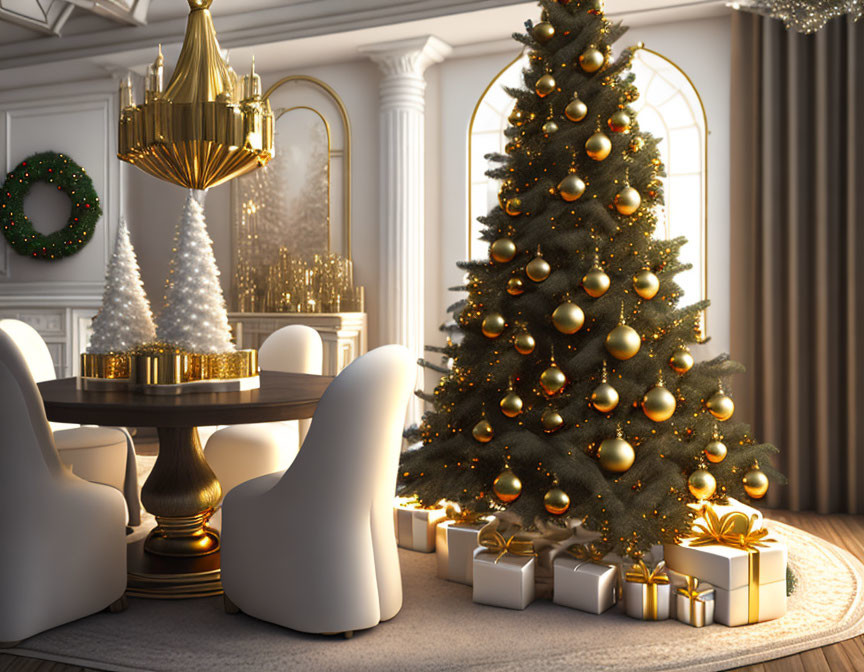 Festive Christmas tree in elegant room with presents and dining table