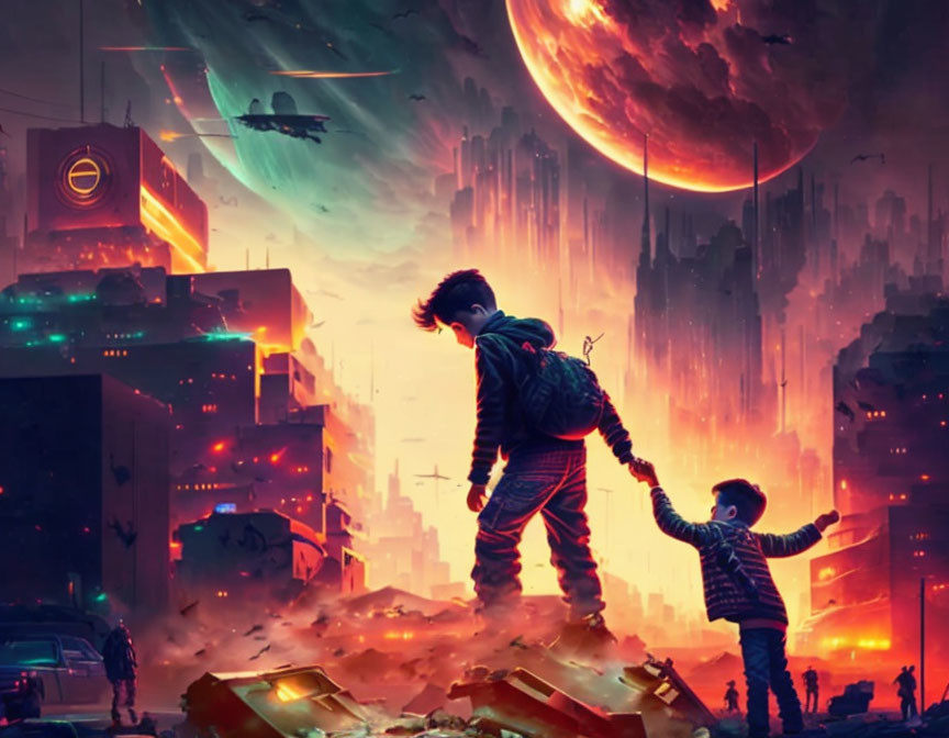 Children in futuristic city ruins under red moon and spaceships.