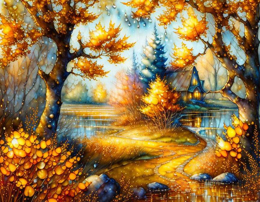 Vivid Autumn Landscape: Golden Trees, Tranquil Lake, Cozy Cottage