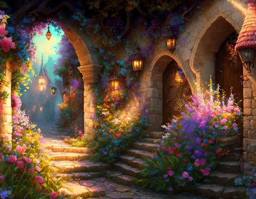 Blooming flowers and stone arch in twilight garden scene