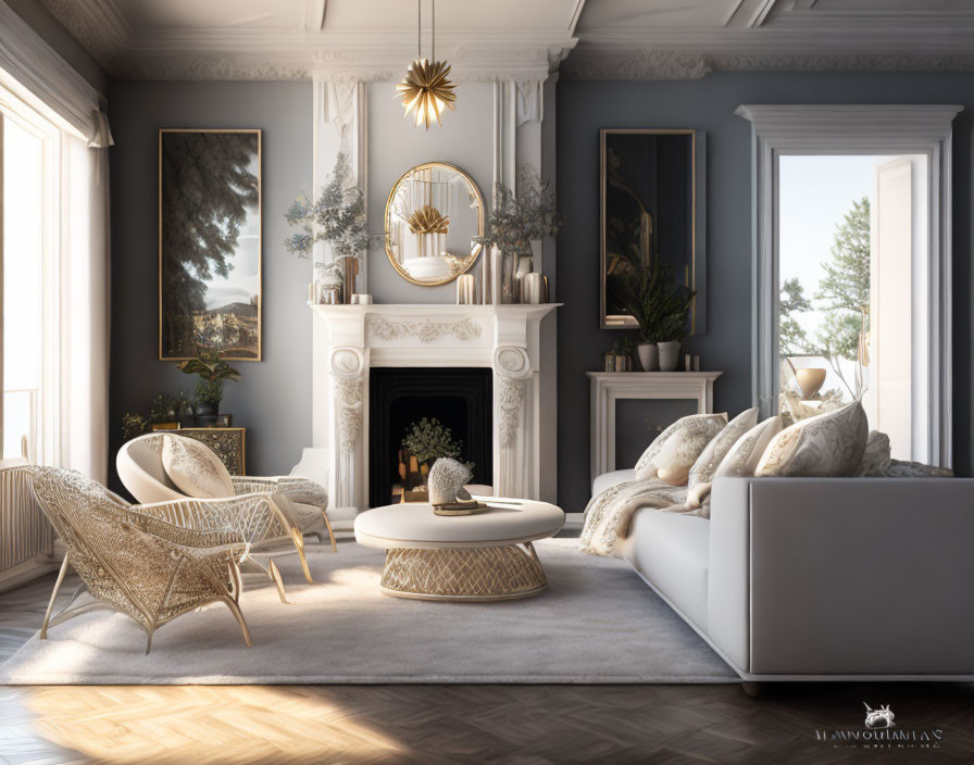 Sophisticated living room with classic fireplace, white sofa, wicker armchairs, ornate