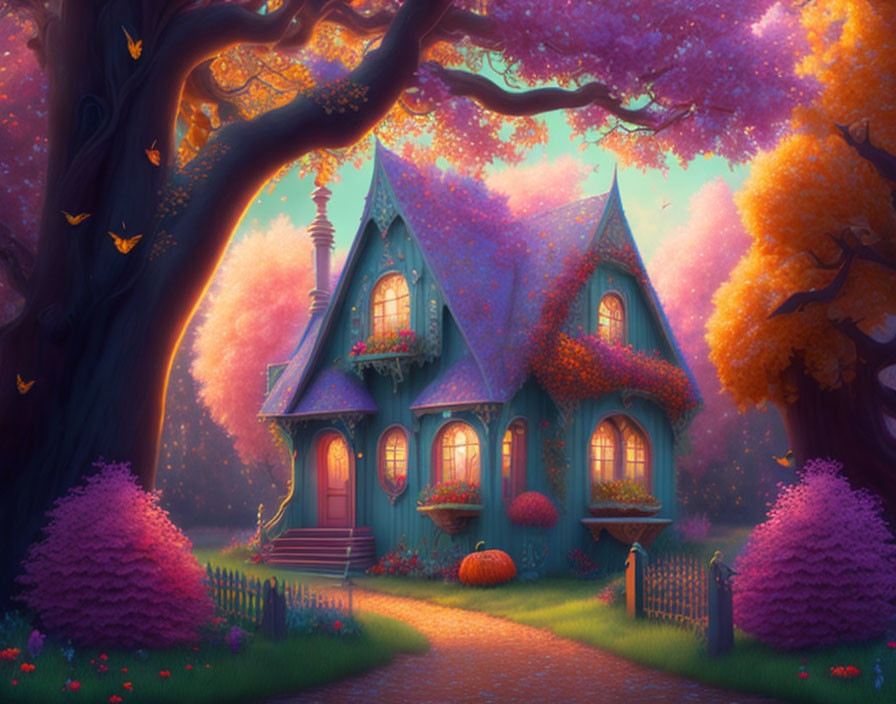 Fairytale cottage in autumn forest with falling leaves and glowing lanterns