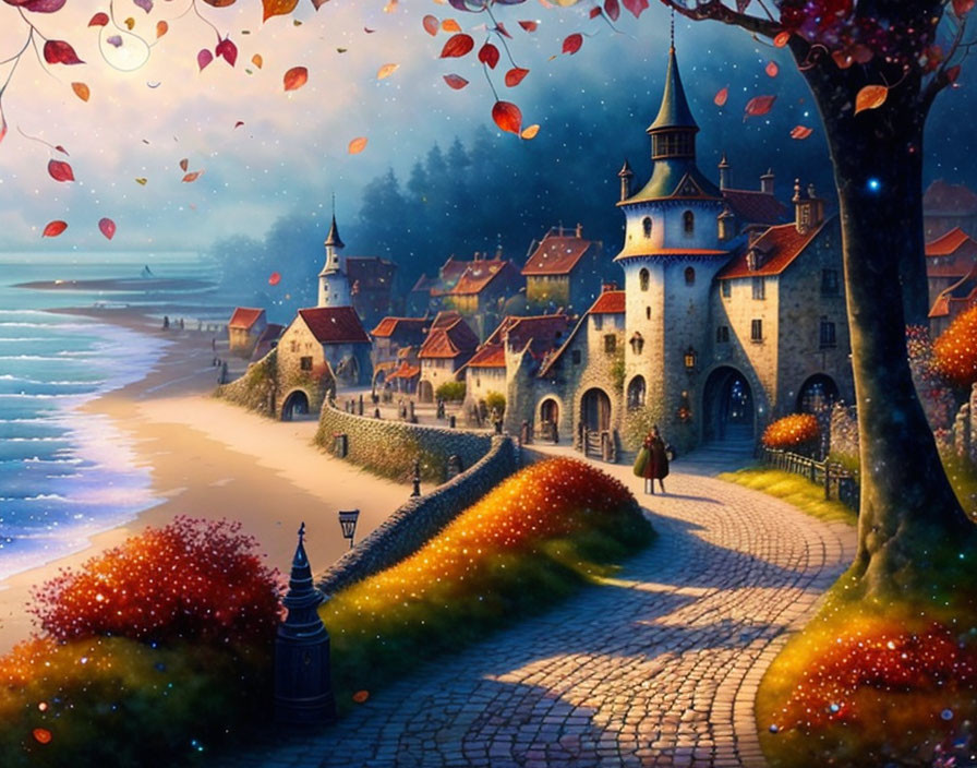 Scenic seaside village with cobblestone path, autumn trees, castle, and twilight sky.