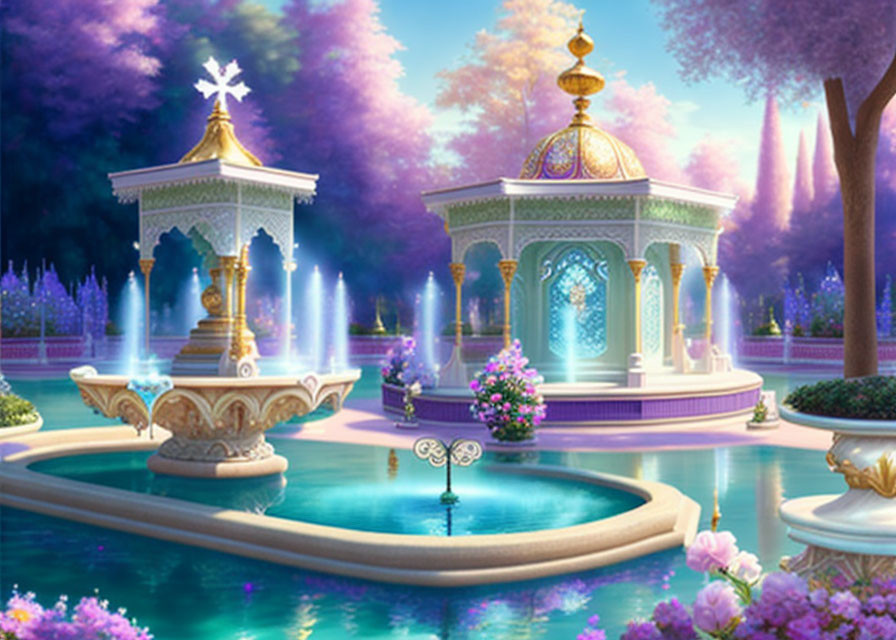 Digital artwork: Magical garden with fountains, colorful flora, water features, and twilight sky.