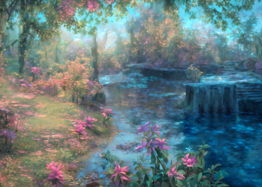 Tranquil forest scene with pink flowers and gentle stream