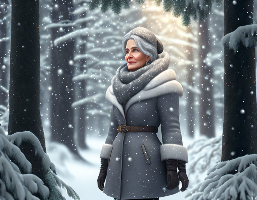 Elderly woman in grey coat and headscarf in snowy forest