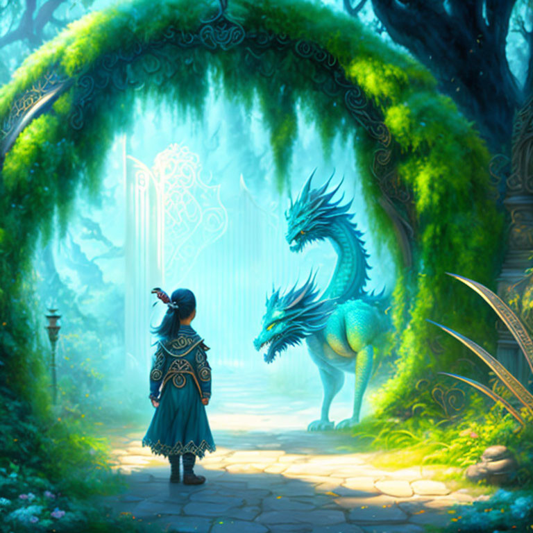 Person in green cloak confronts blue dragon in mystical forest with archway & glowing runes