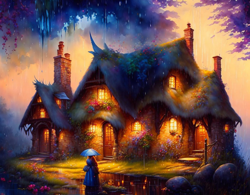 Person with umbrella by whimsical moss-covered cottage under starry rainy sky