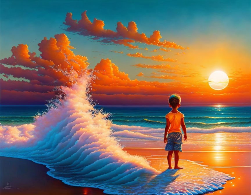 Child admiring sunset ocean wave on vibrant shoreline