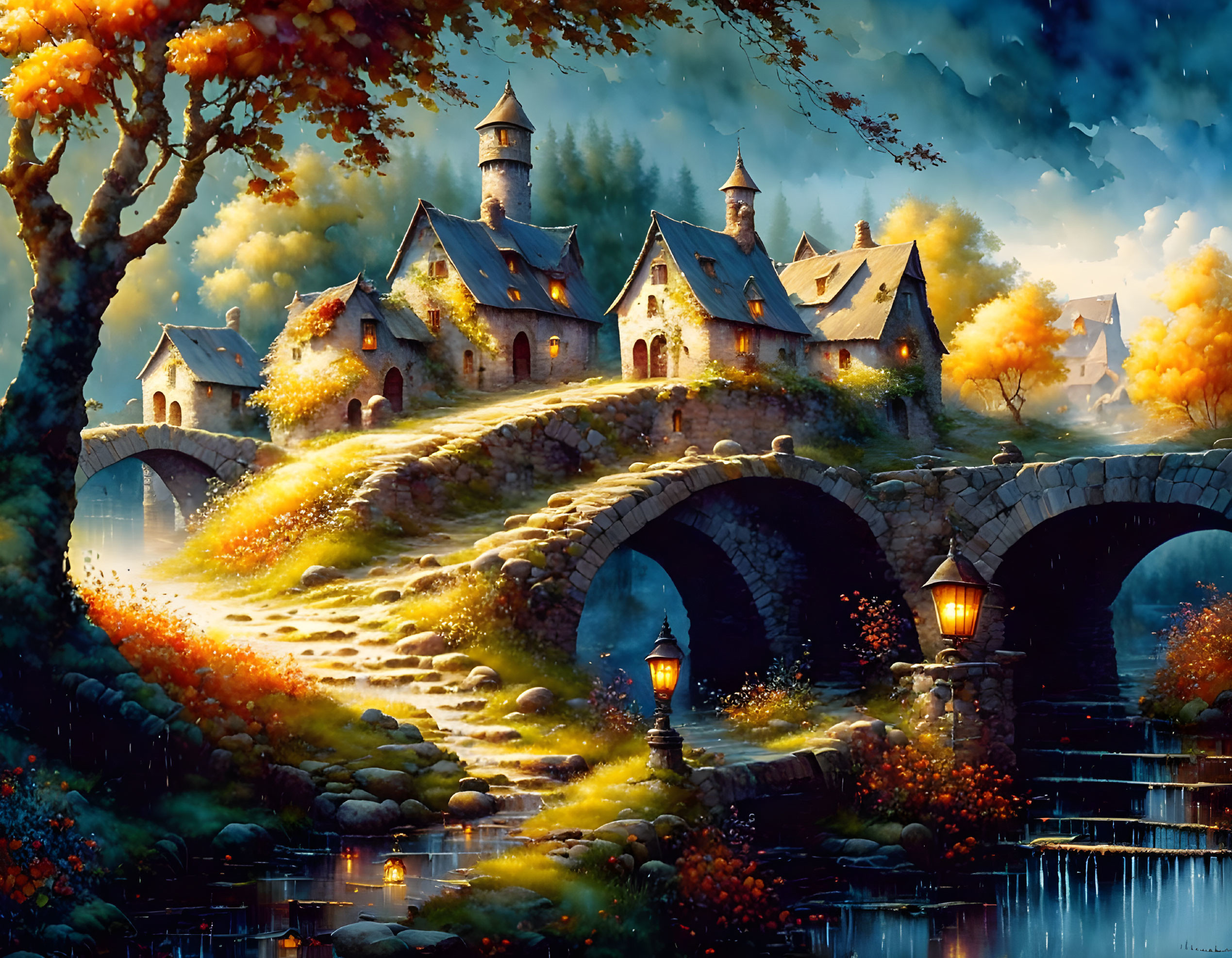 Charming village with stone cottages, castle, arched bridge, and evening sky.