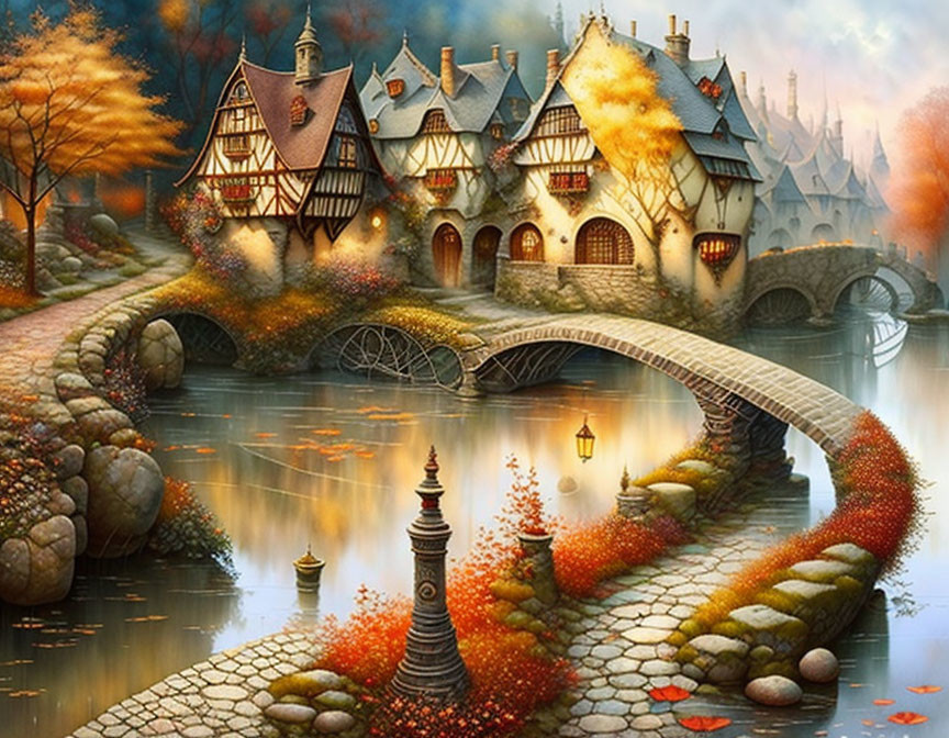 Tudor-style fantasy village with autumn trees and glowing lantern