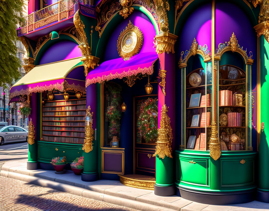 Vibrant purple and green ornate bookstore facade with golden trim and decorative elements.