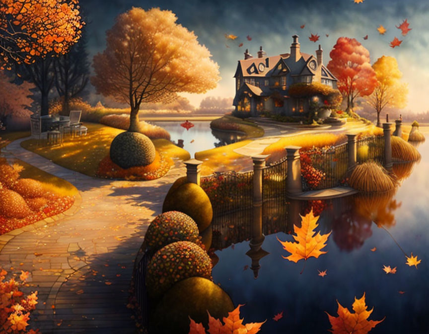 Tranquil autumn landscape with cottage, lake, trees, and falling leaves