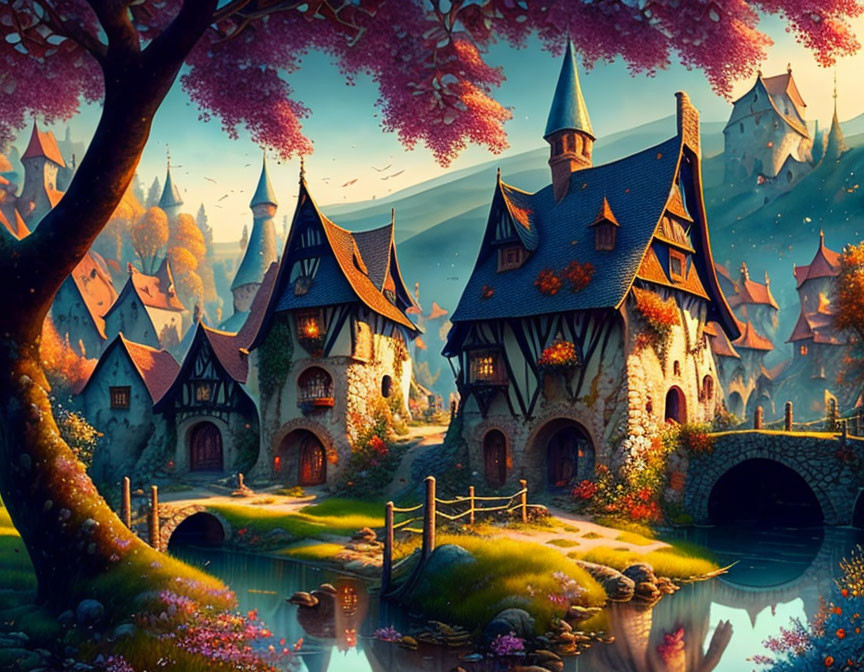 Digital artwork: Storybook village with castle, river, and sunset sky