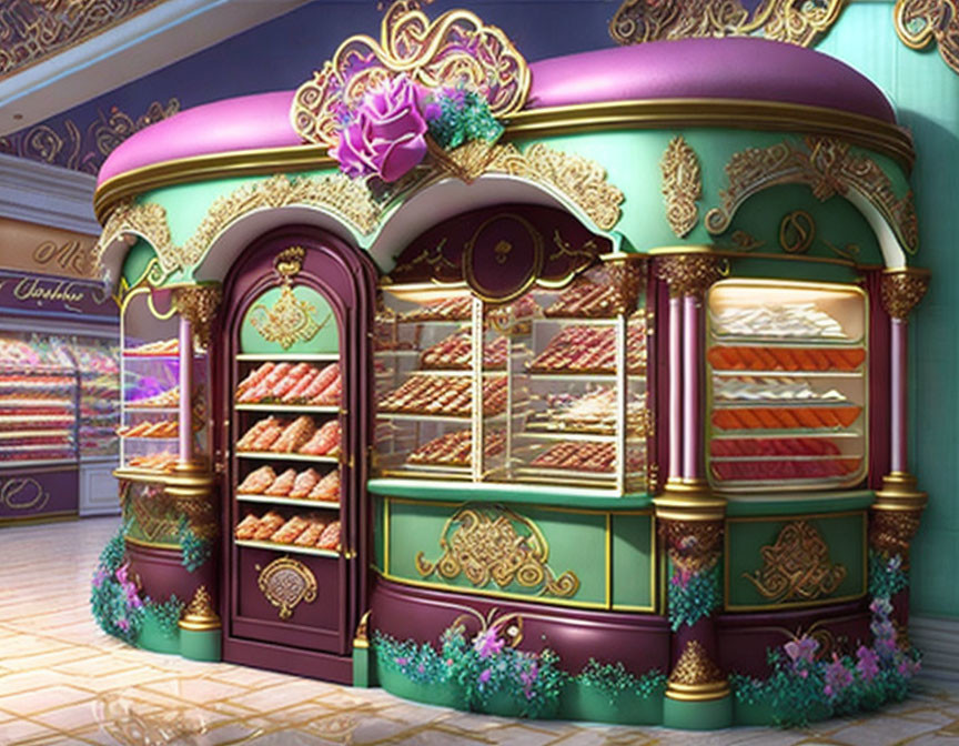 Elegant bakery kiosk with gold accents and colorful pastries