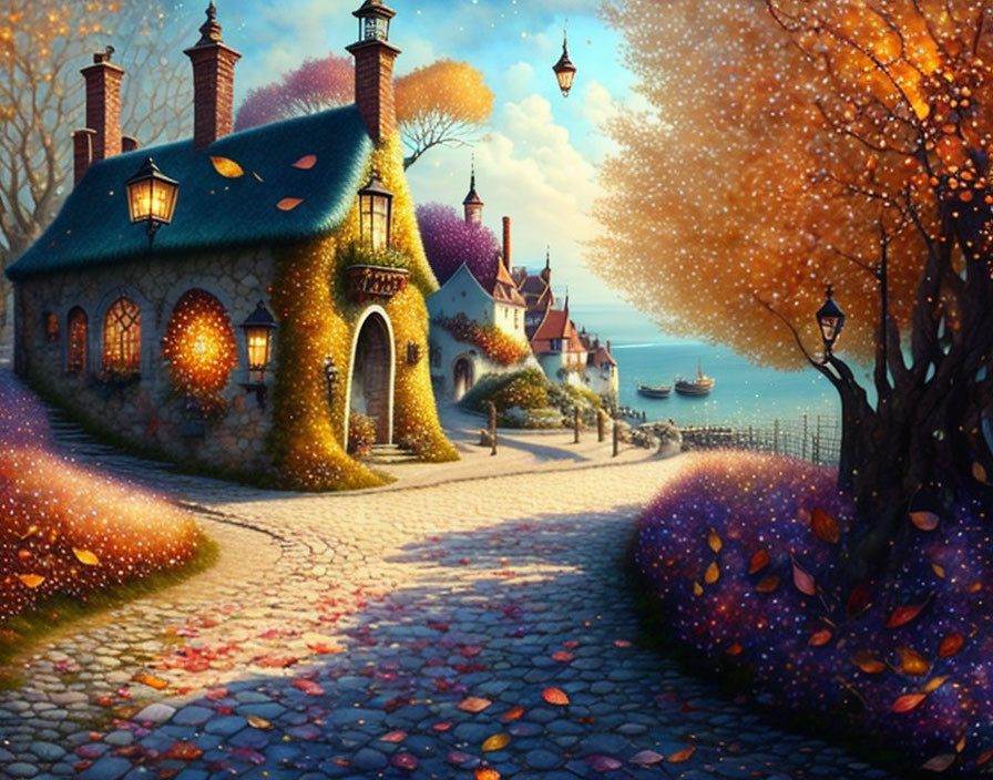 Colorful Cottage by Cobblestone Path Near Tranquil Harbor and Autumn Tree