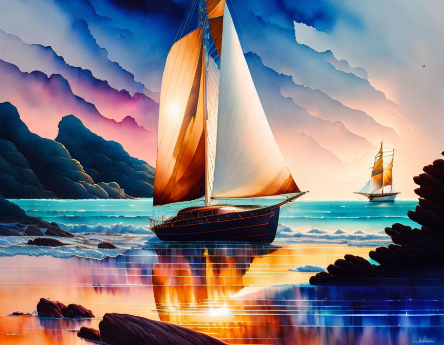 Digital Art: Two sailing ships near coast in surreal sunset scenery