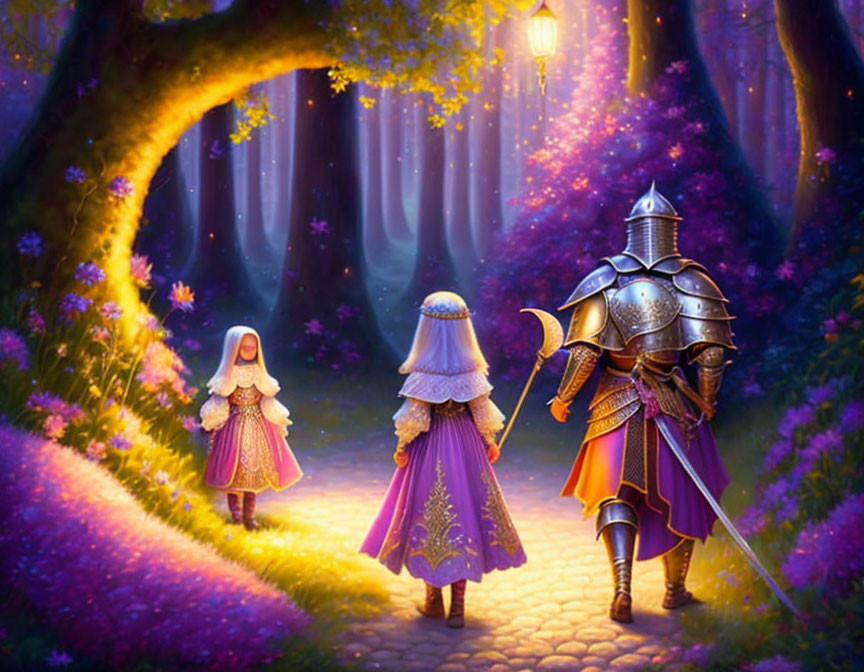 Medieval knight and cloaked figure in enchanted forest scene