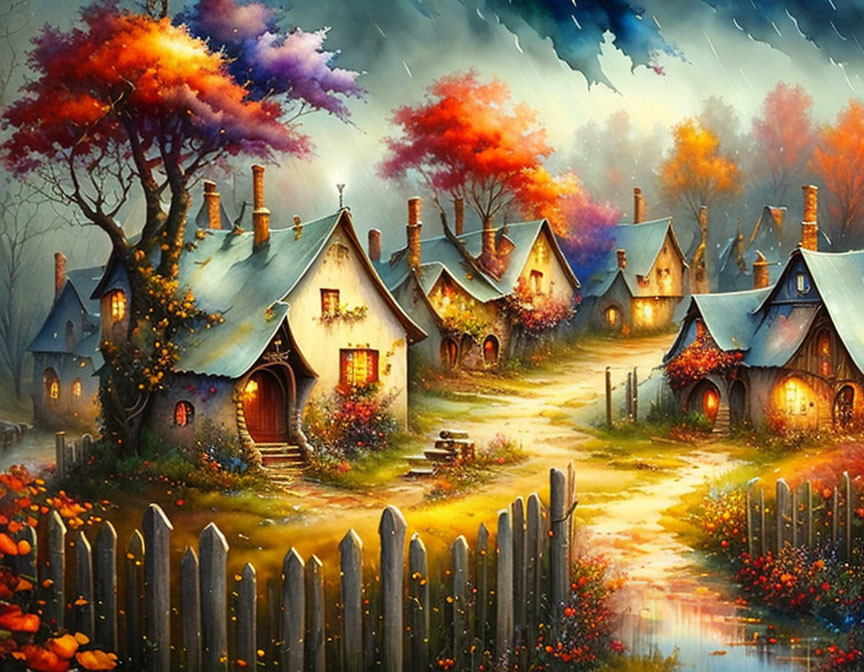 Whimsical fantasy village with colorful cottages and glowing pathway