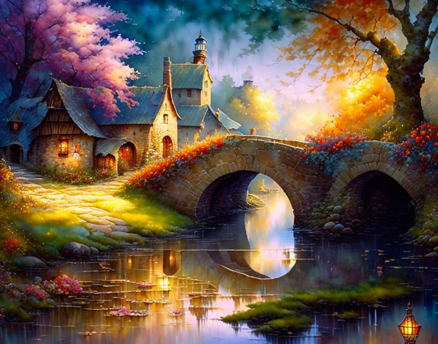 Fantasy landscape with stone bridge, cottage, lighthouse, river, and vibrant nature.