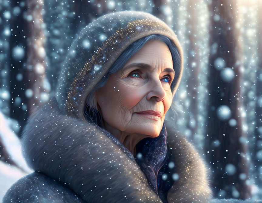 Serene elderly woman in fur hooded garment gazes into falling snowflakes