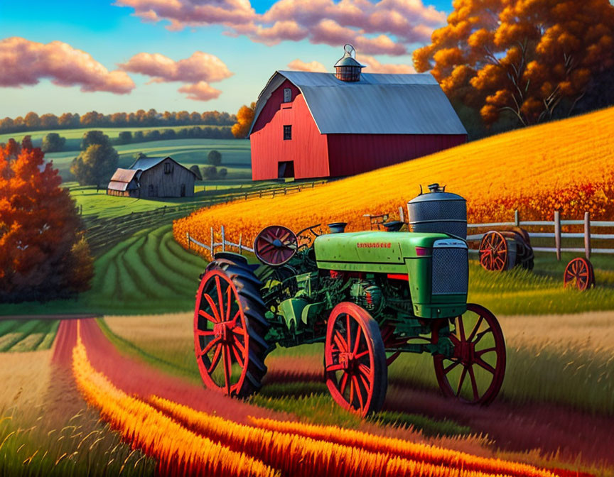 Vintage Green Tractor in Autumn Farm Scene with Red Barn