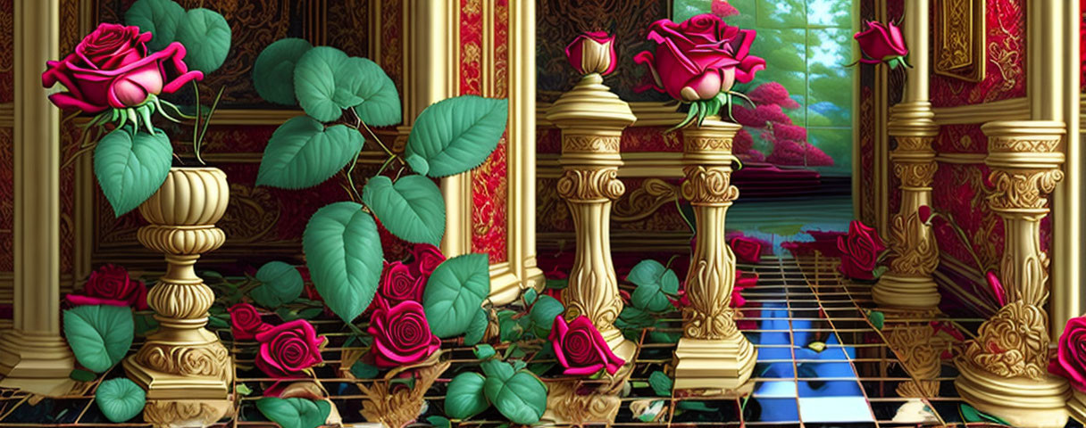 Red roses on gold-trimmed pedestals against checkered floor and columns