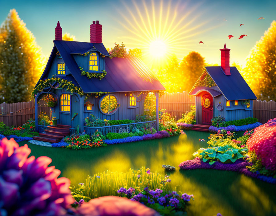 Blue Cottage with Red Roofs in Vibrant Garden at Sunset