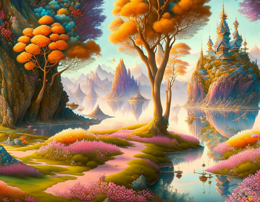 Colorful Fantasy Landscape with Castle, Lakes, and Mountains