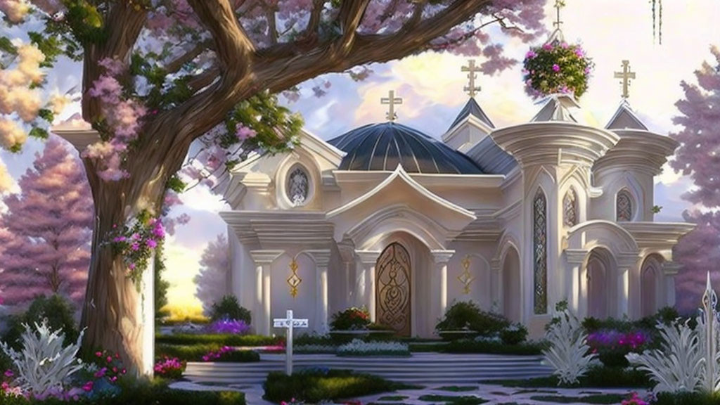 Majestic church with elegant white architecture in serene setting