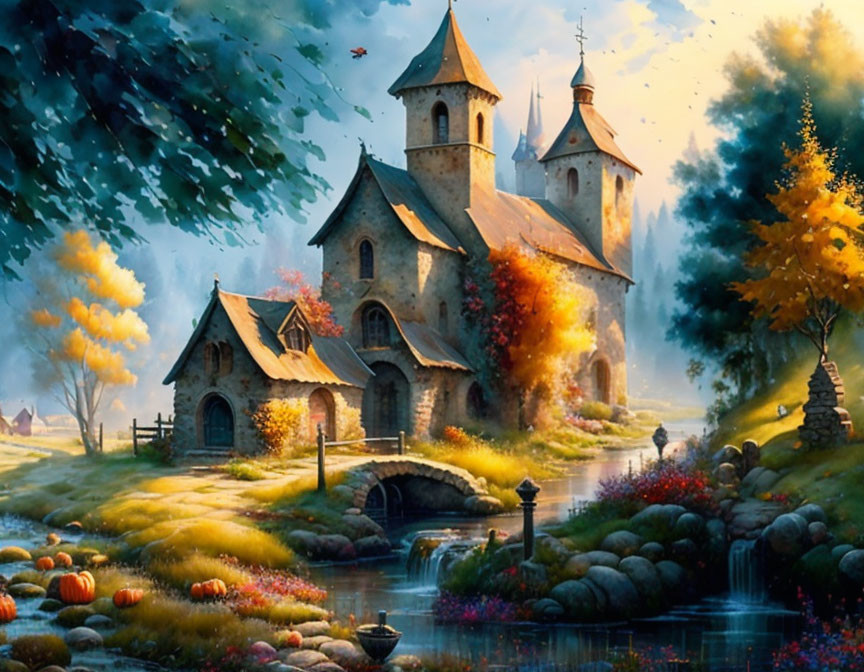 Tranquil stone church by river in autumn scenery