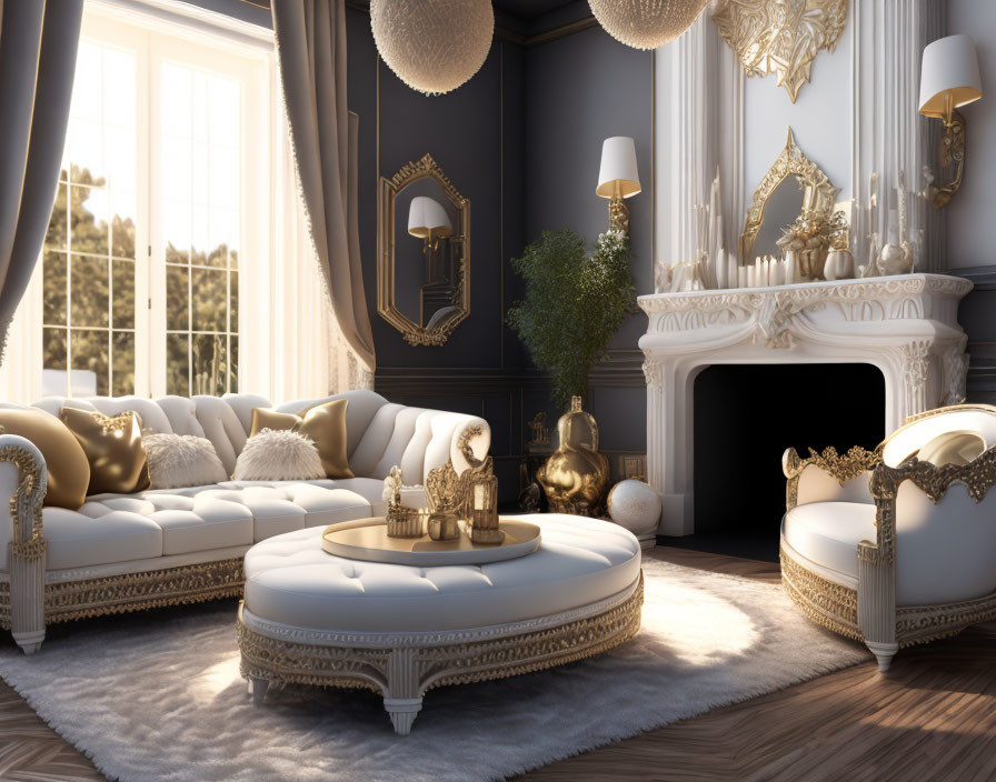 Luxurious White and Gold Living Room Decor with Elegant Furniture