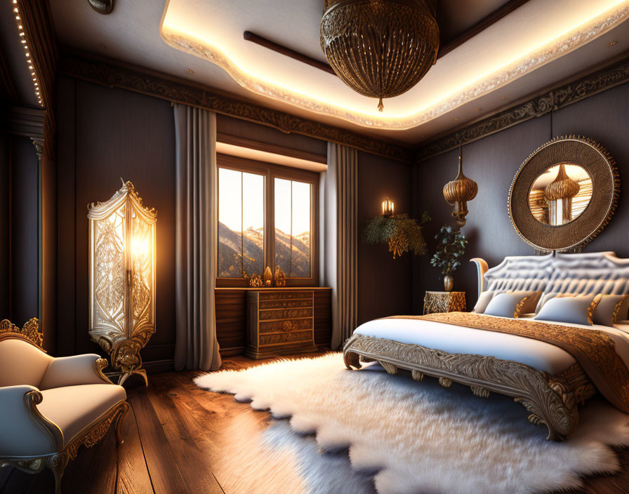 Luxurious Bedroom Decor with Gold Mirror, Chandelier, and Sunset Lighting