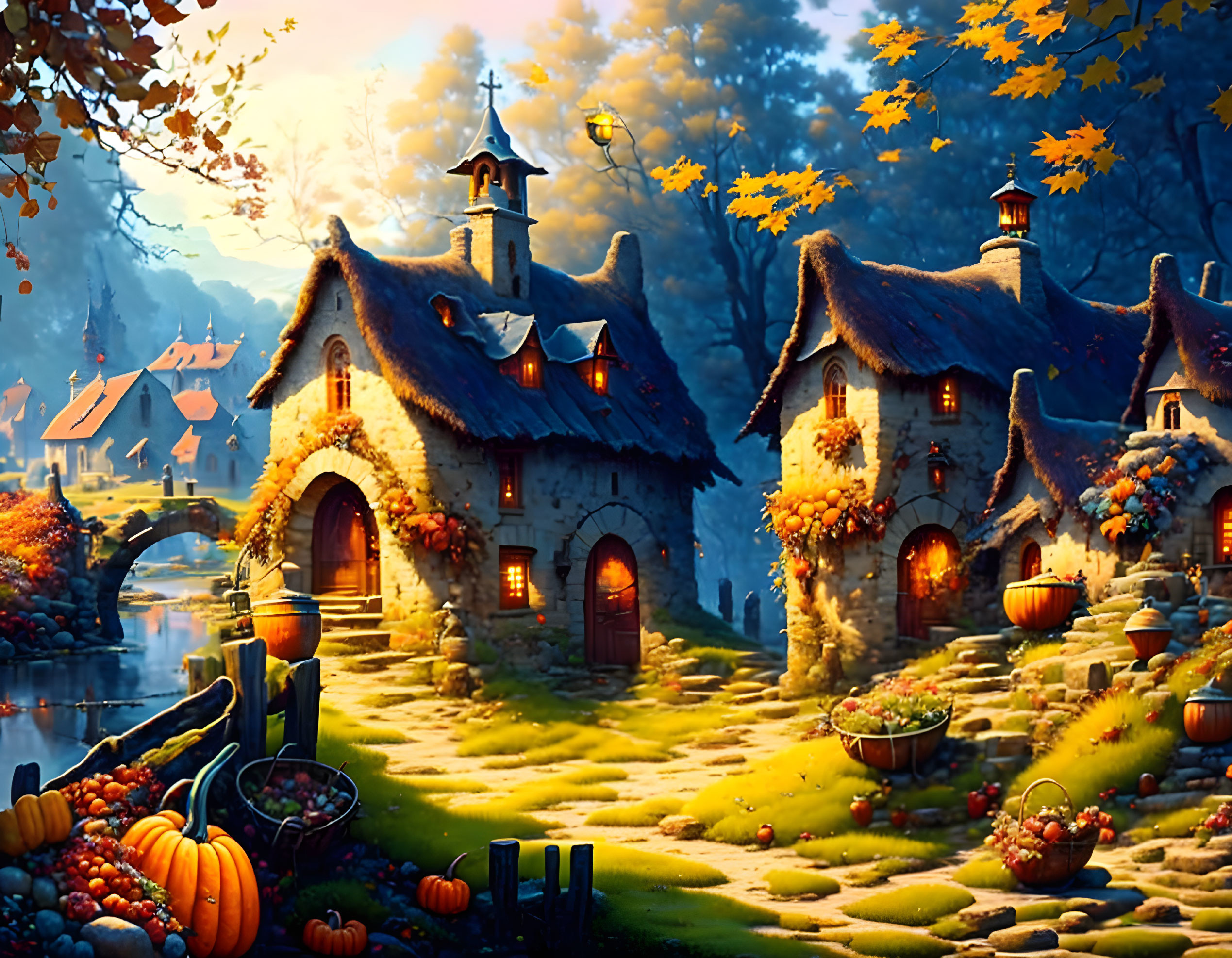 Autumn scene: Storybook cottages, glowing windows, fallen leaves, pumpkins by tranquil river