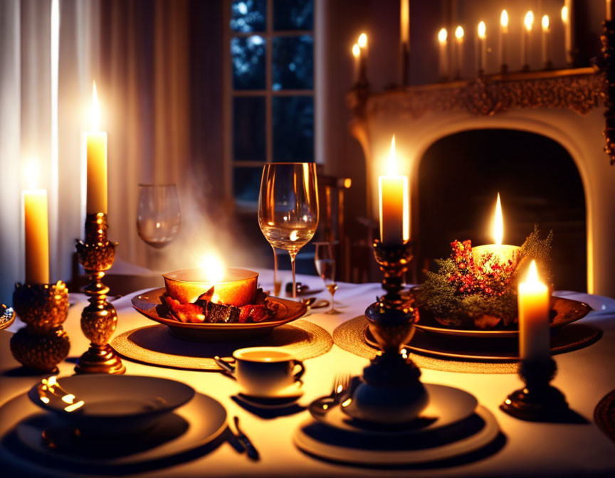 Intimate dinner setting for two with candles, wine glasses, fine china, and fireplace